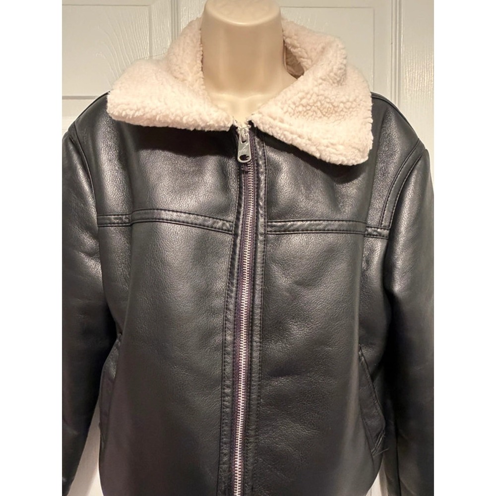 Fashion Nova Faux Leather Sherpa Aviator Jacket Womens M Black Bomber 700132